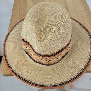 Lane Bryan Stylish Tan Wide-Brim Hat with Orange and Black Accents